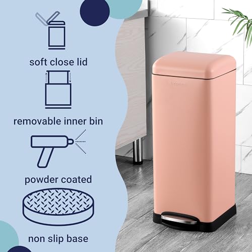 Image of happimess Betty 8 Gal Step Trash Can Soft-Close Lid, Flamingo Pink | Removable Liner, Semi-Rectangular, Steel Pedal, Iron Powder Coated, 27 inch Height, Non-Skid Base