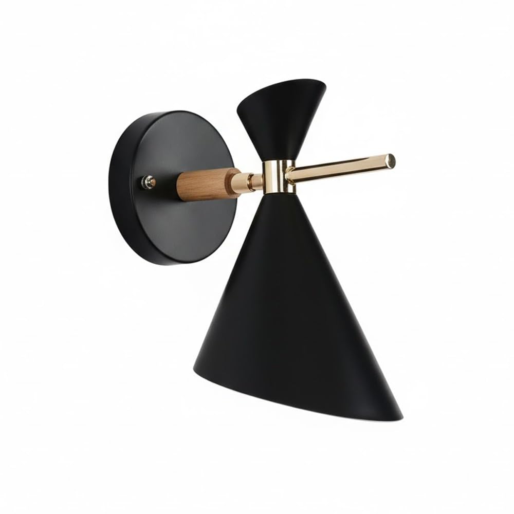 NHPJFDC Mid-Century Modern Cone Wall Sconce, Adjustable White Metal Wall Lamp with Solid Wood Accent, Nordic Bedside Reading Light Fixture for Bedroom, Living Room, Hallway.(Black)