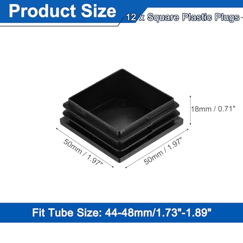 Image of uxcell 12Pcs Square Plastic Plugs, 50 x 50mm /1.97 x 1.97inch PE Pipe Tubing End Caps for 44-48mm /1.73-1.89inch Square Tube Furniture Chair Leg, Black
