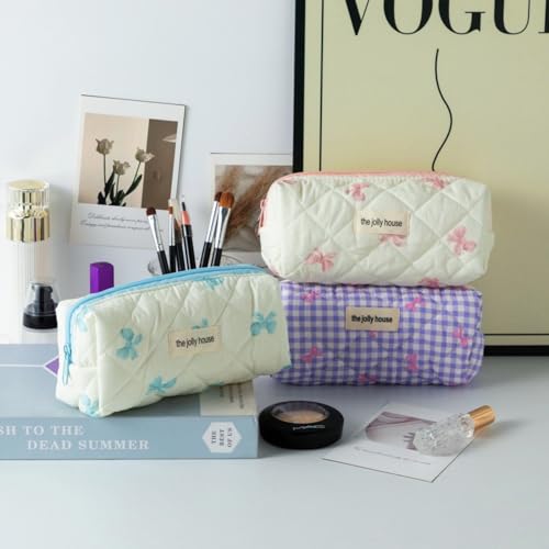 Image of Carry bloom Pencil Pouch Cute Pencil Case for Girls Aesthetic Pencil Bag with Zipper Pen Cases School Supplies Makeup Bag (Checkered bow red)