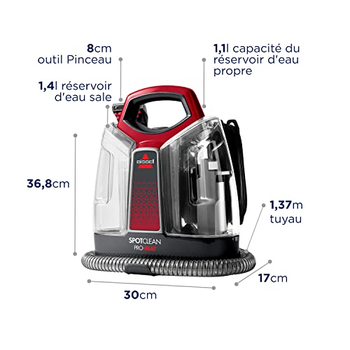 BISSELL SpotClean ProHeat Carpet Vacuum Cleaner, Multi-Surface Stain Cleaner, Carpets, Upholstery, Stairs and Car, Formula and Accessories Included, 330 W, 74 dB, 36988