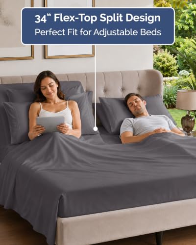 Image of Flex Top Split Head King 6 Piece Sheet Set - Soft & Cooling - Dark Grey | Ultra Soft Hotel Luxury Bedding Set w / 8-16 Inch Deep Pockets, 1 Flat & 1 Split-Head Fitted Sheet & 4 Pillowcases, Fade Free