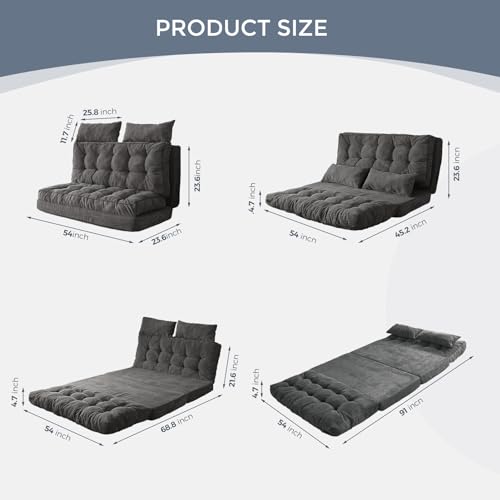 Image of MAXYOYO Folding Sofa Bed, Tufted Bean Bag Bed with Pillows Floor Couch for Adults, Extra Thick and Long Floor Sofa, Full Couch for Bedroom Living Room, Dark Grey, 54x91 Inch
