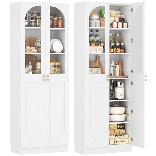 Cyclysio 80' Kitchen Pantry, Tall Arch Storage Cabinet with Tempered Glass Doors, Freestanding Wood Floor Cupboard Bookcase with Seamless Fit Wall for Dining Room, Living Room, Bathroom (White)