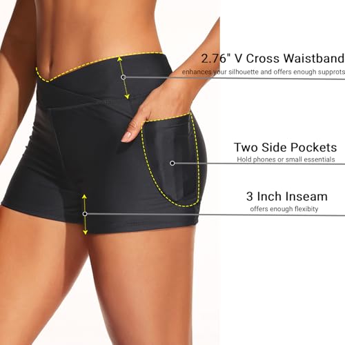 Women 3" High Waisted Swim Board Shorts V Cross Boy Shorts Swim Bathing Suit Bottoms Swimwear with Pockets2