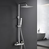 Görbach Colonna Doccia con Termostatico in Acciaio INOX 304 Colonna Doccia Rubinetto con Soffione con Miscelatore, Set Doccia a Pioggia con Doccetta Cromo(20×20cm Quadrato)