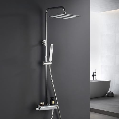 Görbach Regendusche Duschset mit Duscharmatur Komplettset, Wassersparend Edelstahl Duschsystem mit Thermostat, Überkopfbrause, Handbrause, Duschstange Chrom (2020CP)