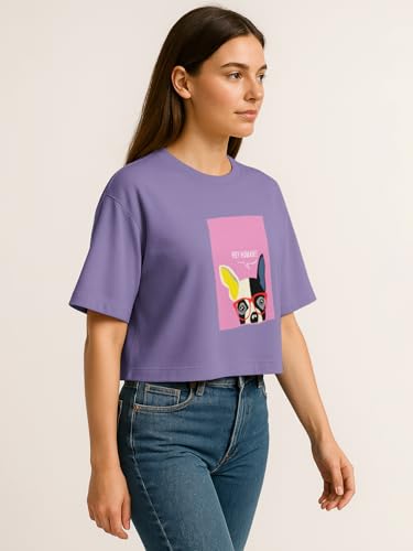 Image of HELLCAT Beige Printed Loose Fit Crew-Neck Crop T-Shirt for Women