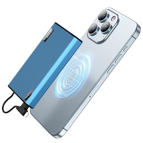 Magnetic Portable Charger with Built-in Cable, 10000mAh Ultra Slim Mag-Safe Battery Pack, 0.5.in 6.4oz Mini Power Bank, 20W PD USB-C Two-Way Charging, Compatible with iPhone 15/14/13/12 (Blu