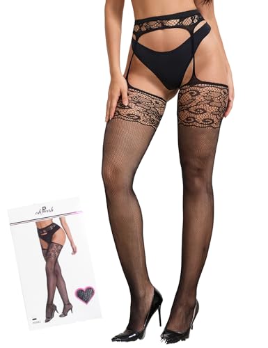 comeondear Medias Liguero para Mujer Talla Grande Medias de Rejilla Liguero Elástico Pantimedias de Malla Encaje Ropa Interior Femenina(Negro,L-XXL)