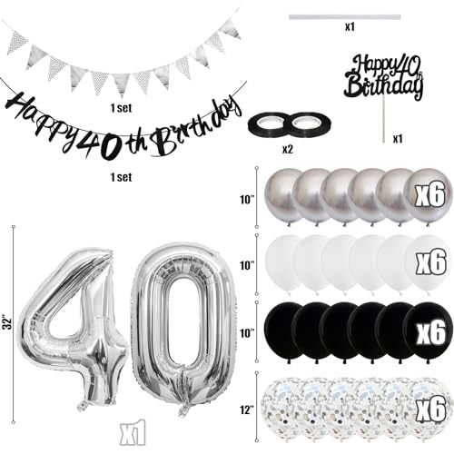 Image of 40th Birthday Decorations for Men, Black Silver 40th Birthday Balloons with Black Happy 40th Banner 40 Cake Topper Decor Number 40 Balloon for Women 40th Party Decoration