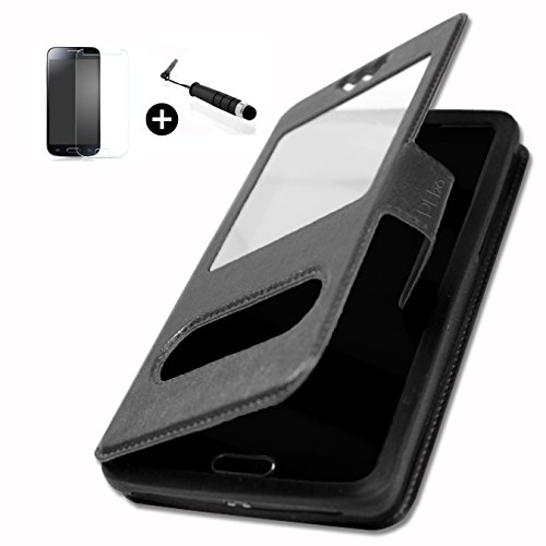 Sfr Startrail 4 super PACK premuim Etui fenêtres Housse Coque Folio noir PU + mini stylet screen touch + verre trempé Dureté 9H, Ultra-mince 0.20 mm Anti-rayures...