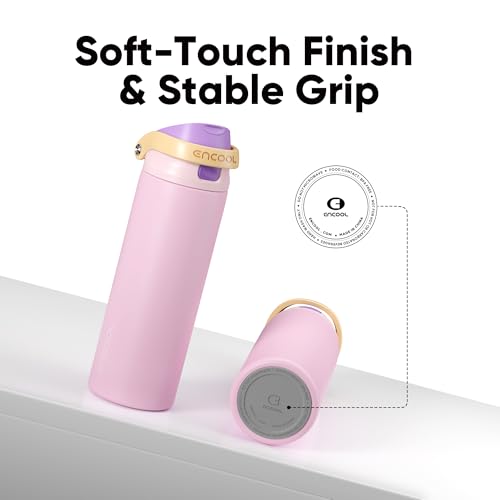 Image of ENCOOL Leakproof Insulated Water Bottle with Straw Dual-Sip Water Bottle Bag-Safe Design for Work, Commute & Gym - Keeps Drinks Cold All Day, 18 oz, Peach Purple
