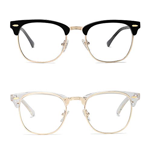 SOJOS Retro Semi Rimless Blue Light Blocking Glasses Half Horn Rimmed Eyeglasses SJ5018, 2 pack of Gold/Black and Clear
