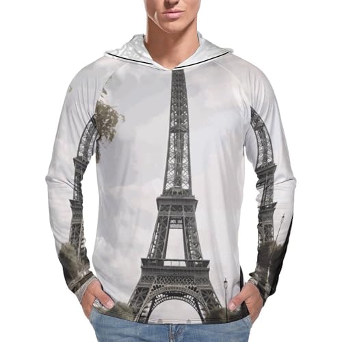 Men's Sun Shirts UPF 50+ Rash Guard Long Sleeve Sun Protection Hoodie Paris Eiffel Tower Lightweight Shirt M White