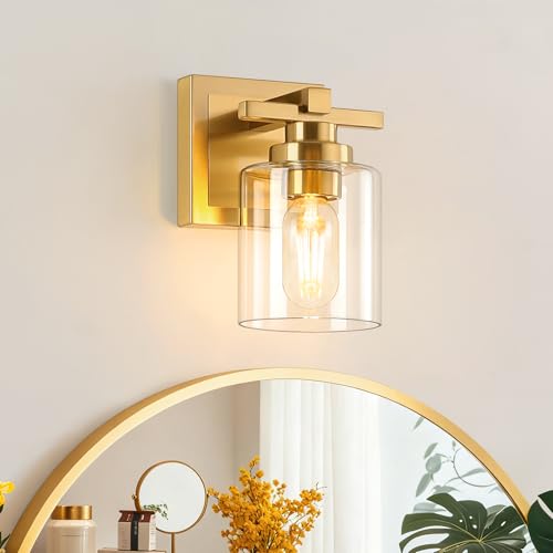 Image of Modern Bathroom Light Fixtures Over Mirror, Vanity Lights for Bathroom Wall Sconces with Clear Glass Shades, E26 Socket (Bulbs Not Included), 1 Light, Brass