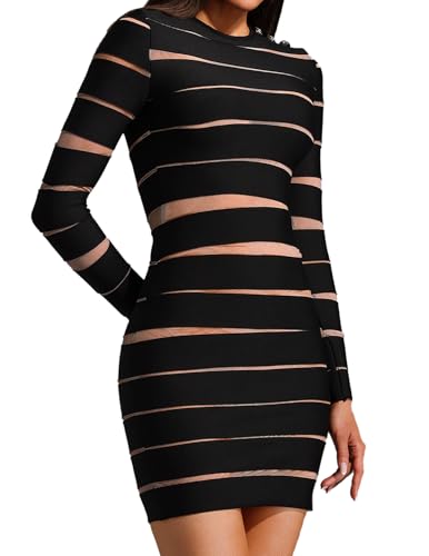 BELLA BARNETT Black Bandage Long Sleeve Club Dress Elegant Mesh Round Neck Bodycon Night Out