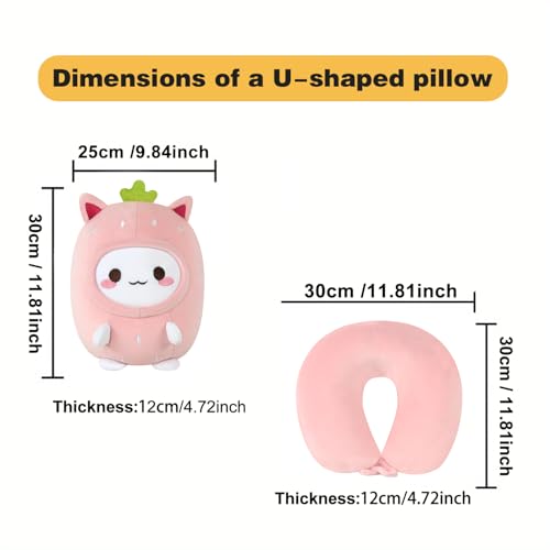 Image of Kids Travel Pillow - 2-in-1 Deformable Kids Neck Pillow for Traveling, Soft U-Shaped Pillow with Adorable Animal Design, Comfy Sleep and Play, Ideal for Airplanes and Traveling (Pink Strawberry)