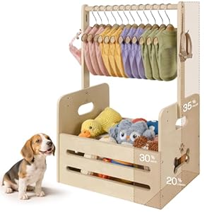 35L Wooden Dog Storage Organizer, Dog Toy Bin with Hanging Rods, 27″x16″x11″ Pet Wardrobe Closet with 2 Metal Hooks, Pet Clothes Rack for Dogs Organization and Storage, Dogs Closet for Accessories