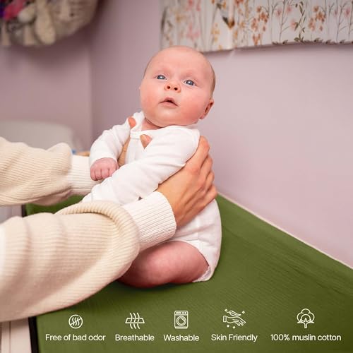 Mi Flor 2 Pack Muslin Changing Pad Cover 16x32x5 inches – Ultra Soft CPC Certified Baby Changing Table Cover with Elastic Corners, 360° Fit, Lightweight, Breathable, Fits Most Changing Pads