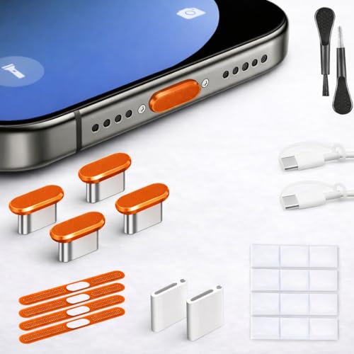 Image of Mizi USB C Dust Plug for iPhone 17 Pro Max (4 Pack) - Charging Port & Speaker Port Protector, Complete Cleaning & Maintenance Accessories - Orange