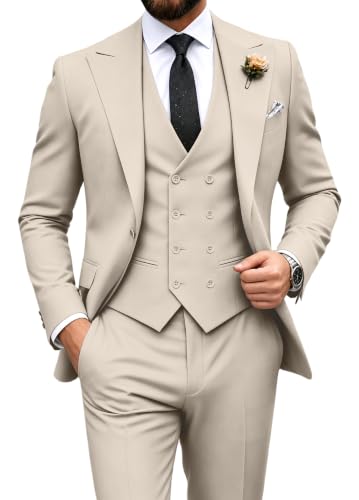 Light Champagne Suits for Men 3 Piece Tuxedo 1 Button Blazer Vest Pants M