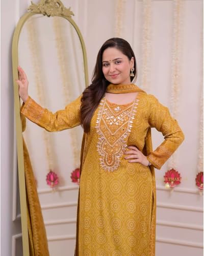 Image of Women's Silk Embroidered Straight Kurti With Pant and Dupatta set