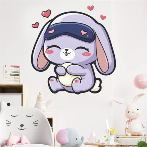Image of Cute Sleeping Bunny Wall Sticker | Self Adhesive Cartoon Rabbit PVC Wall Decal for Ki-ds Room, Nursery, Bedroom & Playroom Decor