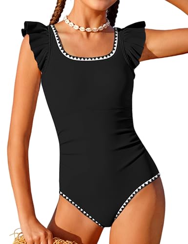 Image of Girls Swimsuit Ruffled Square Neck Color Contrast Trim One Piece Bathing Suit Geometric Girls' Swimwear 9-16Y