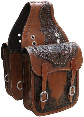 BNB INTERNATIONAL Cowhide Genuine Leather Western Equestrian Trail Tooling Carving Horse Saddle Bag Tooled Carved Pack Equipment Horse Saddle Bags Size: 10” L x 10” W x 3 ½” D inches BAG38