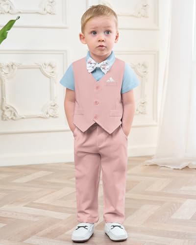 Image of DISAUR Baby Boy Clothes Toddler Boy Outfits 4PCS Gentleman Dress Romper /Vest /Pants /Bow Tie Cotton Suit Sets