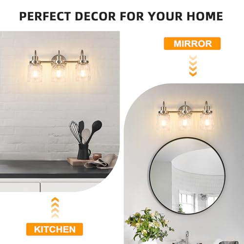 Image of 3 Lights Hammered Glass Bathroom Vanity Light,Brushed Nickel | Easy Installation,Up or Down,Farmhouse Modern Style,E26 Socket,ETL Certification