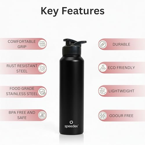 Image of Speedex Stainless Steel Metal Water Bottle 1 Ltr 1000 ml, BIS Approved, Leak Proof Sipper Cap Bottle for Office, School, Gym, Travel, Daily Use for Men, Women, Kids, Adults, Black, Set of 1
