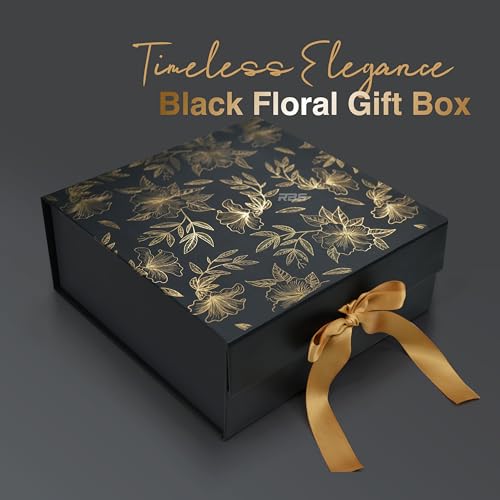Image of RBS MEDIUM Black Empty Gift Box 26x26x10cm Decorative Floral Gift Boxes for Presents (1 Pack) Box for Gift Packing Multipurpose Hamper Cardboard Box for Gift Occasion Gift Box (Black Gold Floral)