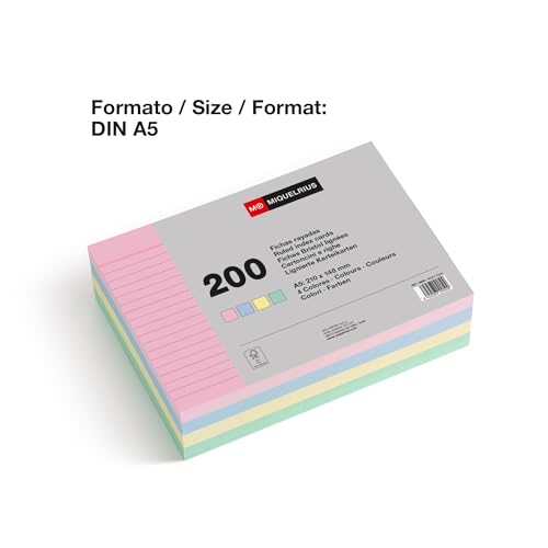 Miquelrius – Karteikarten, Lernkarten, 200 Notizkarten, horizontal liniert, A5-Format, 148 x 210 mm, 200 g/m² Offset-Kartenpapier, Pastellfarben