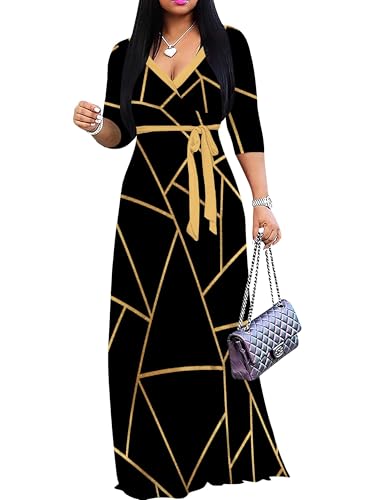 Image of PinkPatty Plus Size Maxi Dresses for Women Casual Flowy Long Dress 3 /4 Sleeve V Neck Wrap Dress with Belt