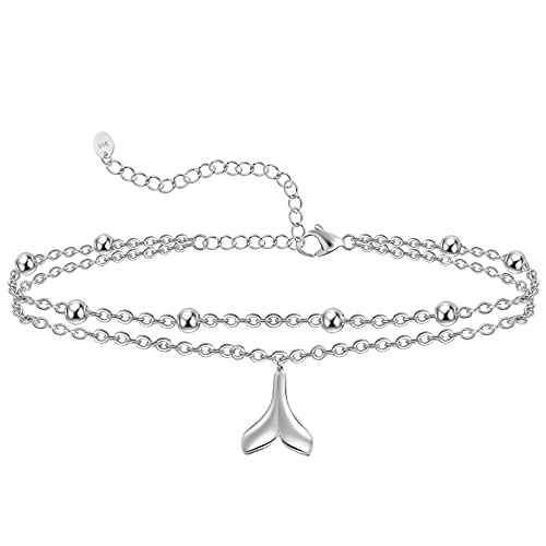 Chic & Artsy Tail Anklets 925 Sterling Silver Mermaid Tail Anklet Adjustable 11 Inches Boho Layered Foot Chain Whale Tail Anklet For Women Beach Double Chain Dolphin Tail Anklet #TOP13