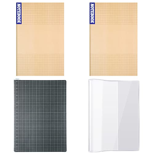 4 Pieces Basic Accessory Set Include 2 Pcs Graph Paper Journal Notebook 1 Grid Pencil Board Bookmark Ruler 1 Clear Cover Soft Square Grid Notebook for School Office Travel (A5)