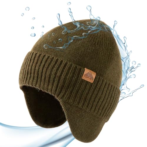 Image of TOP-EX DryKnit Unisex 80% Merino Wool Waterproof Beanie with Ear Flap Warm Winter Fleece Lined Beanie Hat M /L /XL