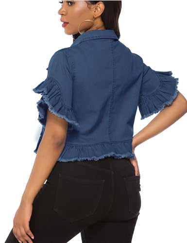 Image of Suvimuga Women's Denim Jacket Button Down Distressed Ruffle Sleeve Crop Jean Jackets Coat