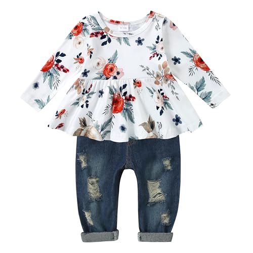 Image of CARETOO Girls Clothes Outfits Cute Baby Girl Floral Long Sleeve Pant Set Flower Ruffle Top