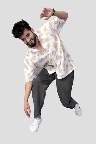 Image of BROWN CULTURE Men Relaxed Fit Shirt | Cotton Blend Oversized Casual Shirts for Men | Loose Fit Printed Half Sleeve Fashion Shirts | Stylish Graphic Printed Everyday Streetwear Top