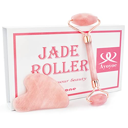 Jade Roller & Gua Sha Set, AYOYOE Rose Quartz Facial Beauty Roller, Face Roller, Facial Tools, Anti Aging Skin, Massage Tools for Face, Eye, Neck, Reduce Wrinkle & Dark Circle