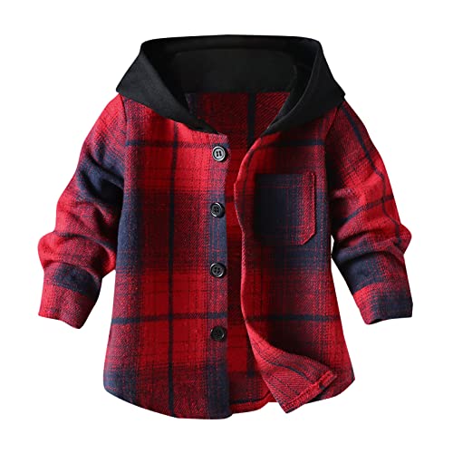 Toddler Kids Boys Girls Hooded Outwear Button Down Plaid Shirt Casual Jacket with Pockets (Red, 2-3 Years)