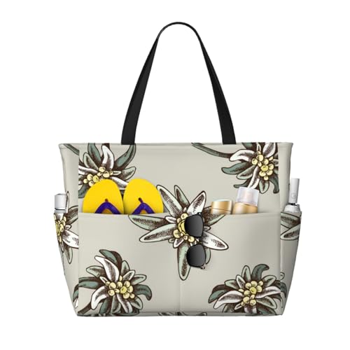 Grand sac de plage au motif edelweiss coloré dessiné, un cabas fourre-tout d'une élégance rare