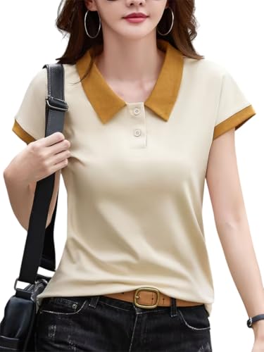 Image of GLASGO Pure Cotton Regular Fit Plain Solid Classic Polo Collar Half Sleeve T-Shirt for Women (Colors: Beige, Mustard, Gray, Pink)