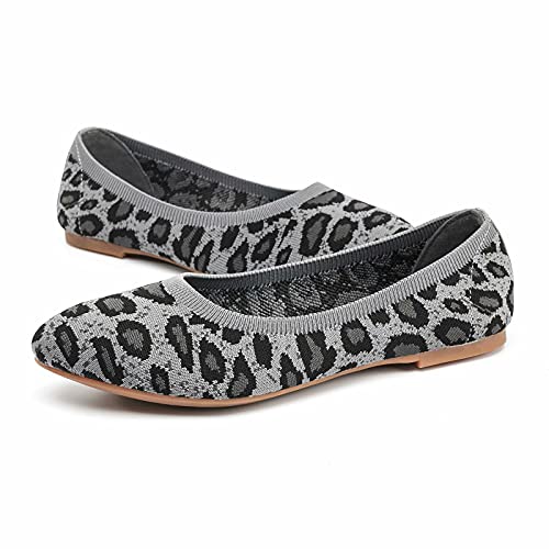 konhill Women's Classic Ballet Flats - Pointy Toe Soft Knit Slip on Dress Shoes 7.5 US Leopard Grey