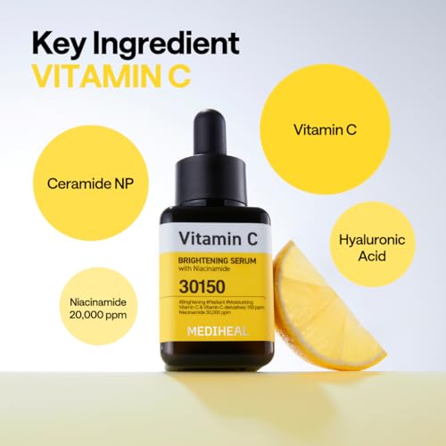 Image of MEDIHEAL Vitamin C Brightening Korean Face Serum with Niacinamide & Triple Hyaluronic Acid for Dark Spots, Uneven Skin Tone & Glow, Hydrating Texture-Refining Vitamin C Serum for Radiant Smooth Skin (40ml)