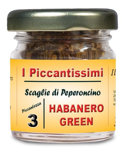 I Piccantissimi - Pimiento HABANERO VERDE muy picante en tarro (15 gr) - Chile en hojuelas de larga conservación - Chile cultivado en Italia (300.000 SHU)