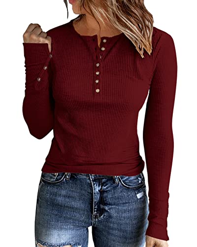 Womens Long Sleeves Ribbed Knit Tunic Shirts Scoop Neck Button Down Tops Casual Henley Tee Shirt Slim Fit Blouses